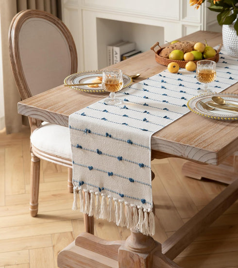 90 Inchs Caflife Boho Table Runner Long for Modern Farmhouse Room Home Decor, Blue and Beige Coffee Table Runner