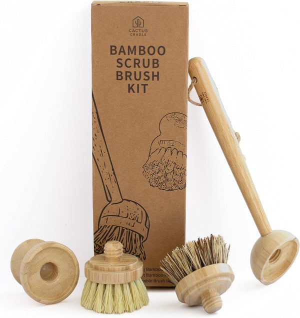 Cactus Cradle Bamboo Scrub Brush Kit 4-Piece Dish Brush Set with 2