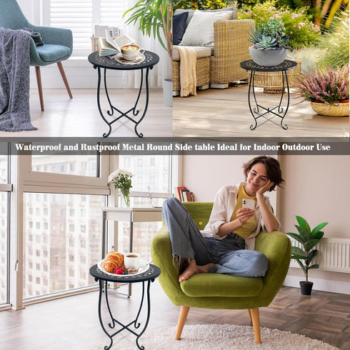 Aonagi 1 Pack 14 Inch Round Side Table, Bedside Table for Living Room, Bedroom, Weather Resistant Black Metal Outdoor
