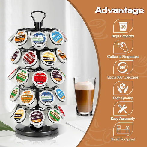 K Cup Holders, K Cup Carousel, Coffee Pods Storage Organizer Stand (Black, 40 Pods Capacity K/D Design)