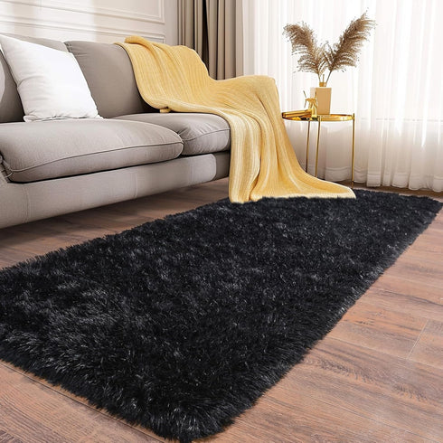 Soft Runner Rugs for Bedroom Hallways - 2x6 Black Fluffy Shag Throw Area Rug Non-Slip for Bedside Dorm Living Room