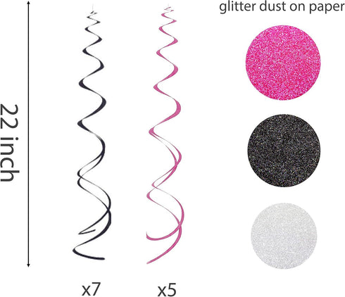 30Ct Minnie Hanging Swirl Decorations - Ceiling Streamers for Mouse Birthday Party, Glitter Pink, Black Decor