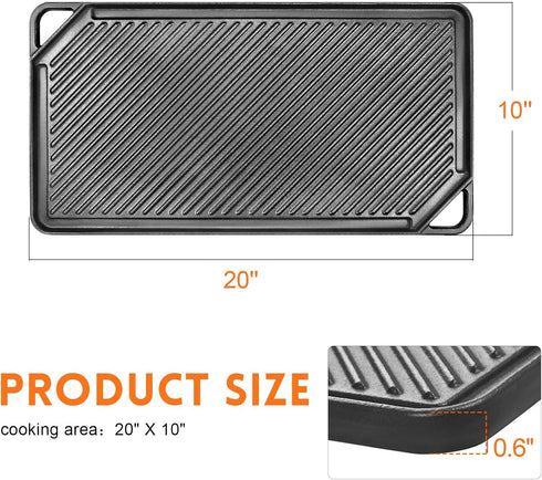 GGC Cast Iron Griddle for Gas Stove, Reversible Griddle Plate for Outdoor and Indoor Cooking, 20 x 10