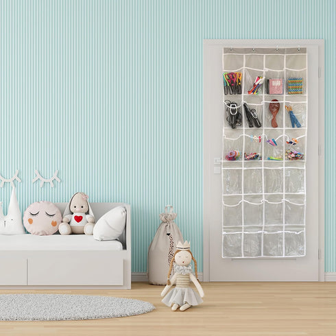 Simple Houseware 24 Pockets Over The Door Hanging Shoe Organizer, Crystal Clear, Gray (64'' x 19'')