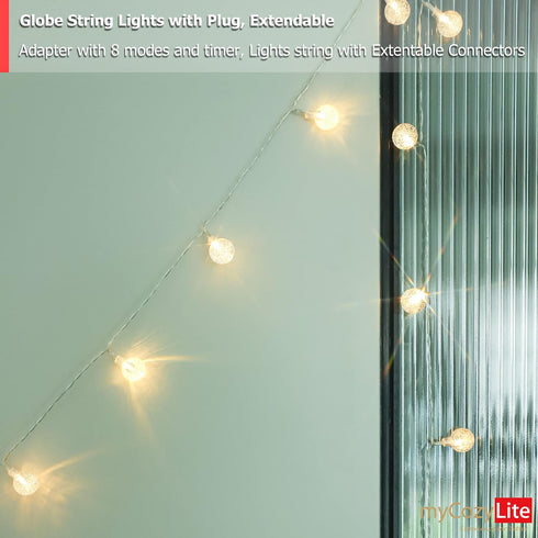 myCozyLite 20 LED String Lights Plug in, Globe String Lights Indoor and Outdoor, for Balcony, Patio, Bedroom, Wall