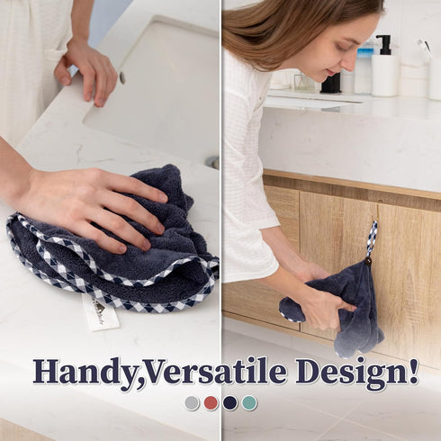myHomeBody Hand Towels with Hanging Loops - Absorbent Charcoal Fiber Cleaning Cloths with Coconut Shell Button, Set of