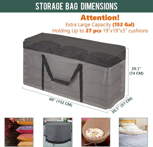 (152 60 Inch 600D (60"Wx20"Dx29"H, Rachmi Cushion Storage Bag Gal) with Zipper & Padded Handle, Outdoor Oversized Heavy