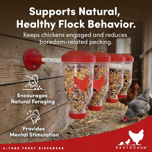 4 RentACoop Chicken Treat Tube Dispenser Multi-Treat Enrichment Toy and Boredom Buster for Chickens, Easy Top-Fill
