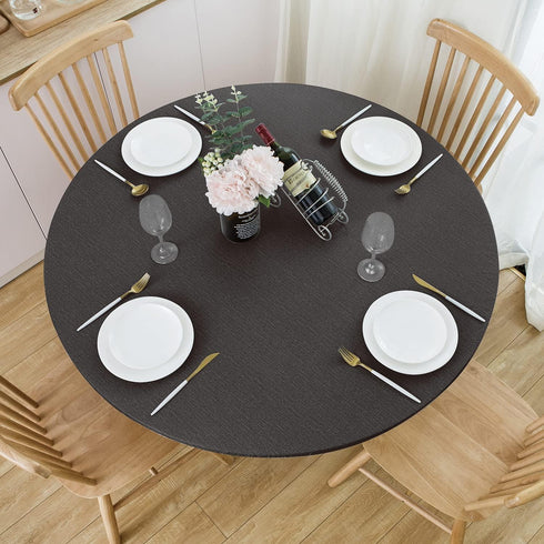 NLMUVW Round Fitted Vinyl Tablecloth with Elastic Edge, 100% Waterproof PVC Table Cover for Indoor/Outdoor, Black