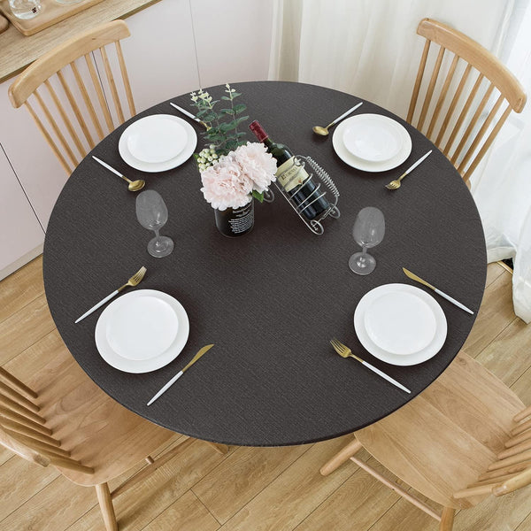 NLMUVW Round Fitted Vinyl Tablecloth with Elastic Edge, 100% Waterproof PVC Table Cover for Indoor/Outdoor, Black
