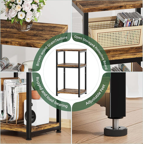 3 Simple Trending Side Table, End Table Night Stand, Tiers Shelf for Living Room, Rustic Brown