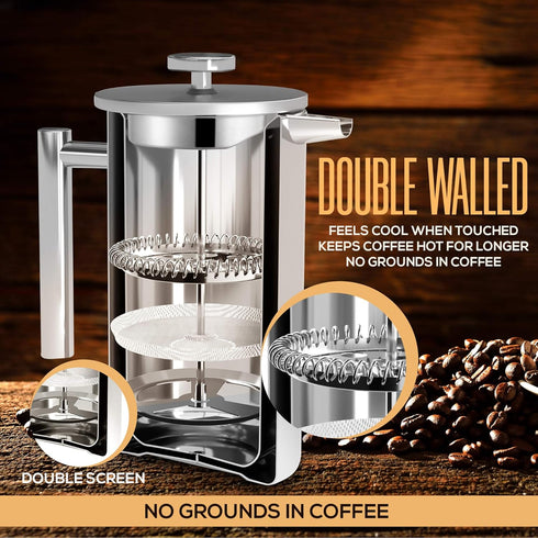 Utopia Kitchen 32 Oz Stainless Steel French Press Coffee Maker, Portable Travel Tea Press, Silver