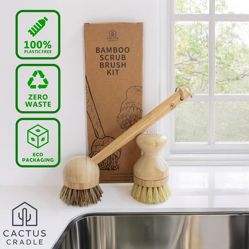 4-Piece Set 2 2 Cactus Cradle Bamboo Scrub Brush Kit Dish Brush with Handles & Interchangeable Heads | Plastic-Free