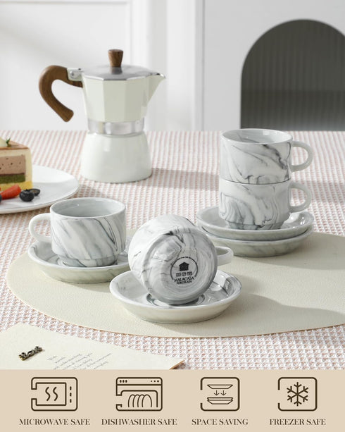 4 OZ Set 4, Set MALACASA Porcelain Espresso Cups with Saucers and Metal Stand of Stackable Cappuccino Cups, Marble Gray