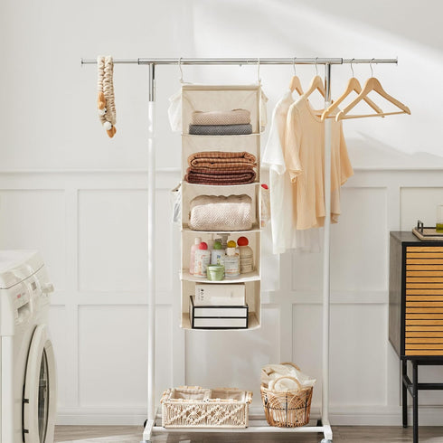 MAX Houser 5 Shelf Hanging Closet Organizer, Foldable Cloth Shelves with 4 Side Pockets, Space Saver - Beige