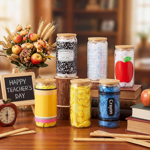 RimCereal 6 2026 16 oz Pcs Teacher Appreciation Gifts Bulk Teacher Glass Cups with Lid and Straw Composition Notebook
