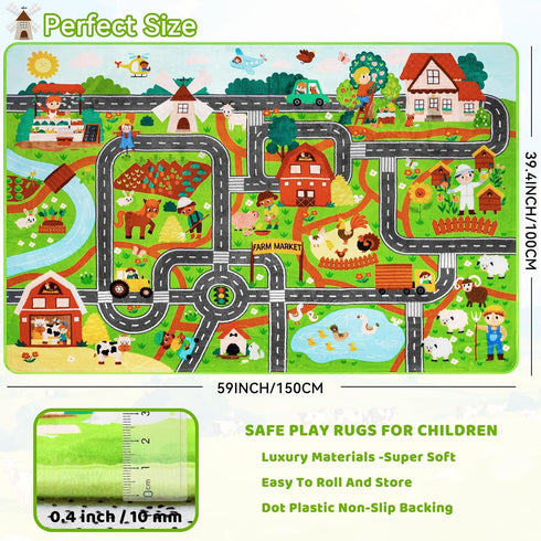 Mfmiudole 39.4" 59" Tummy Kids Rug Play Mat for Toy Cars, Farm Life Road Traffic for Playroom Kids Car Road Rugs