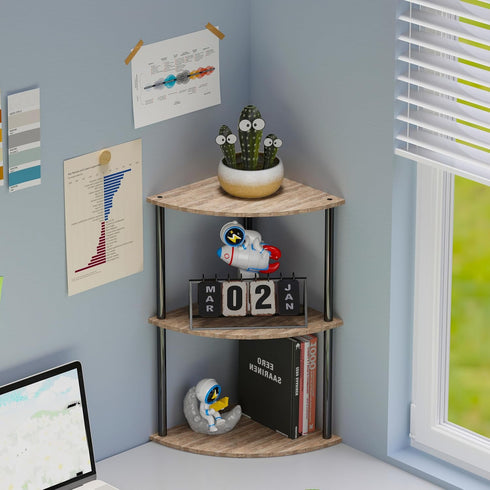 3-Tier Corner Shelf Stand, Rustic Wood and Metal Corner Display Rack, Small Triangle Corner Storage Organizer