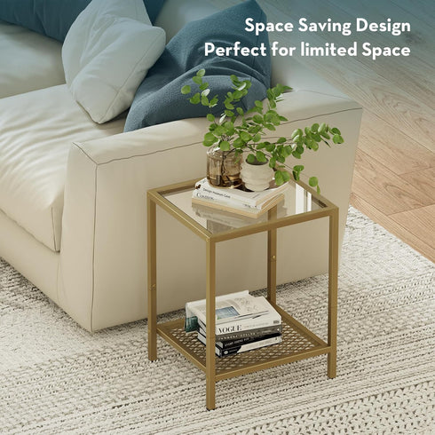 2-Tier Storage,13.3" 11.8" 19.7",Modern SAYGOER Glass Side Table Small Gold End Table for Narrow Space Square