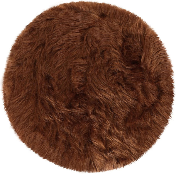 uxcell Faux Fur Round Rug, Fluffy Area Mat for Bedroom Floor, Living Room, 3 x 3 Feet - Brown