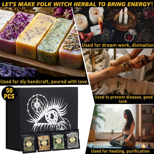 Tikem Kitch 50 Pack HNSHAG Herbs for Witchcraft, Mixed Dried Flowers Kit for Magic Spells Jars, Wiccan Pagan Rituals