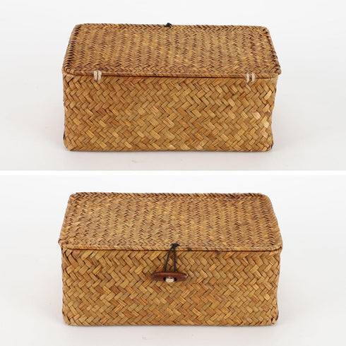YRHOME Seagrass Rattan Basket with Lid, Hand-woven Rectangular Household Storage Basket for Organizer Boxes