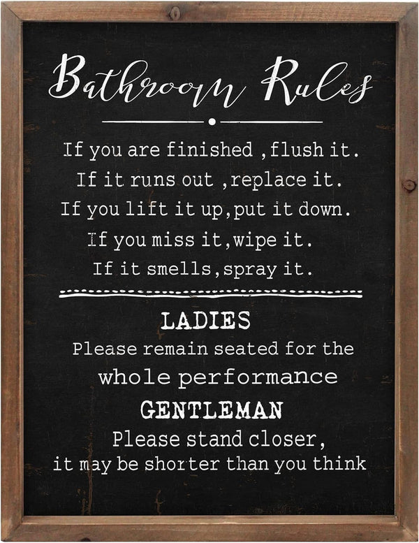 Rustic Bathroom Rules Sign – Funny Farmhouse Toilet Wall Decor – Wood Framed Wall Art Decorations (11.8x15.8in) (black)