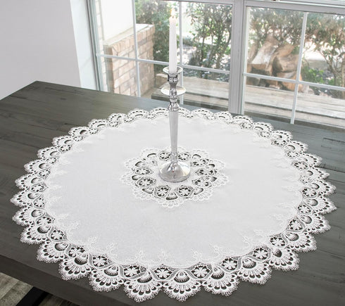 Linens, Art and Things European White Lace on Ivory Table Topper, Small Tablecloth, 33 Inch Round