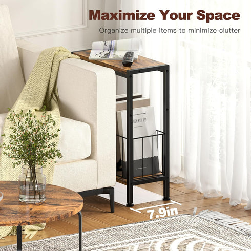 Narrow Side Table, Skinny End Tables with Magazine Holder, Small Sofa Table for Small Spaces, Space-Saving Design, Slim