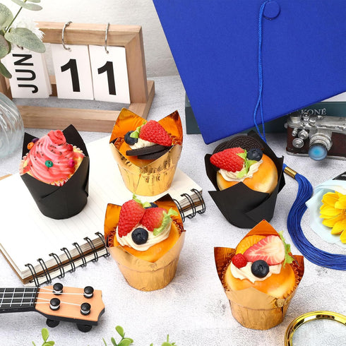 Augshy 120 Pcs Graduation Cupcake Liners, Black and Gold Tulip Aluminum Foil Baking Cups for Grad Wedding Birthday