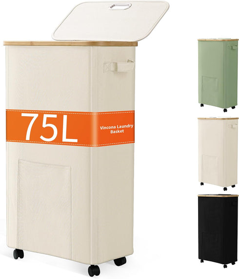 Laundry Basket with Wheels, Dirty Clothes Hamper on Wheels, Rolling Tall Laundry