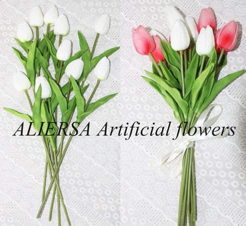 Artificial Tulips 10 Heads Mini Real Touch Flowers, Fake Tulip for Home Decor, Wedding Party DIY Bouquet (White)