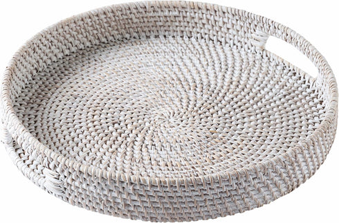 JUNGLE CULTURE Handmade Round Wicker Tray 12 Whitewashed Decorative Rattan Serving Basket