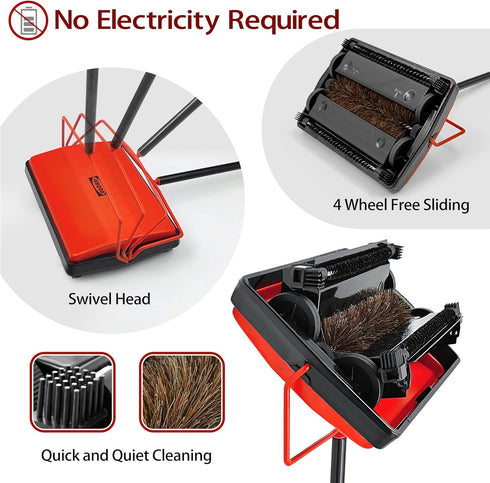 JEHONN Carpet Floor Sweeper Manual with Horsehair, Non Electric Rug Roller Brush for Cleaning Pet Hair, Loose Debris,