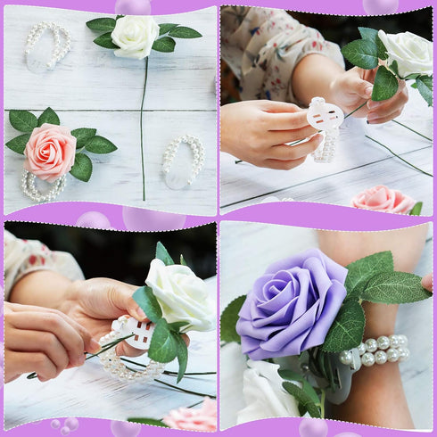 Hicarer 24 Pieces Corsage Wristlet Elastic Pearl Wrist Bands for Wedding DIY Faux Flowers Decor for Beach Party