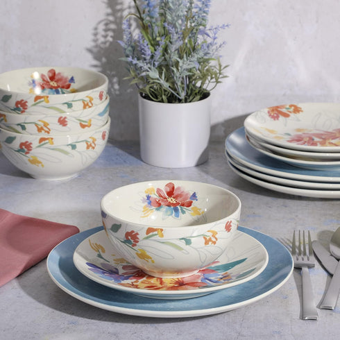 Set, 12-Piece Spice by Tia Mowry Goji Blossom Decorated Porcelain Chip and Scratch Resistant Dinnerware Blue
