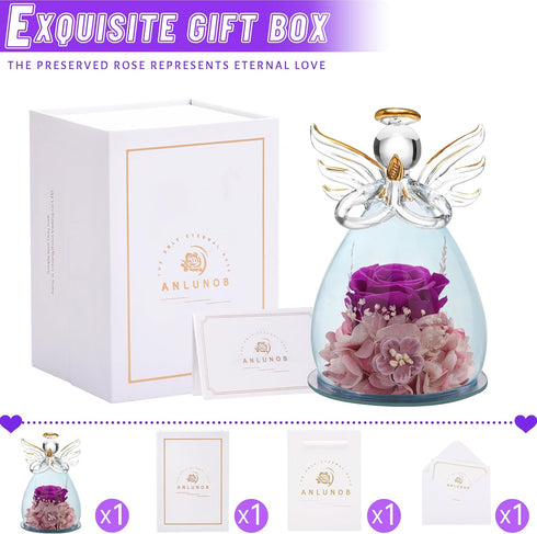 ANLUNOB Preserved Rose Gifts for Women, Mom, Grandma, Wife, Glass Angel Figurines with Pretty Purple Flowers for