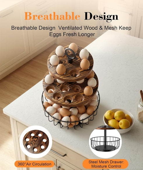 Wolera 3-Tier 360 24+40 Counter Rotating Egg Holder with Egg Capacity - Rustic Farmhouse Kitchen Organizer, Tiered Egg