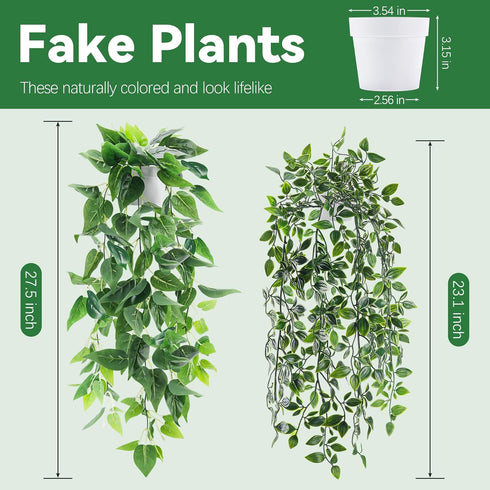 2Pcs Der Rose Fake Plants Artificial Potted Faux Hanging Ivy Vines Plants Indoor for Home Bathroom Shelf Wall Bookshelf
