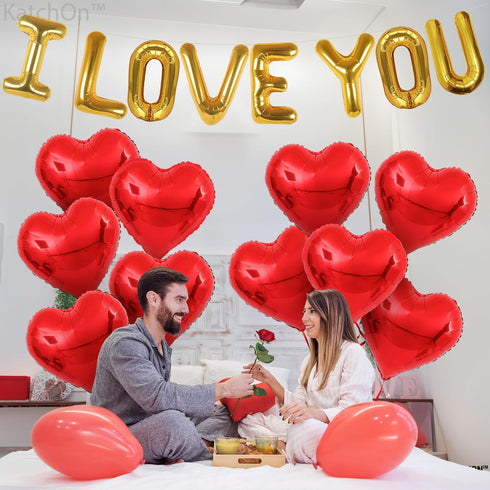KatchOn I Love You Balloons Set, 18 Inch, Pack of 18, Foil Red Heart Balloons for Valentine's Day Decorations