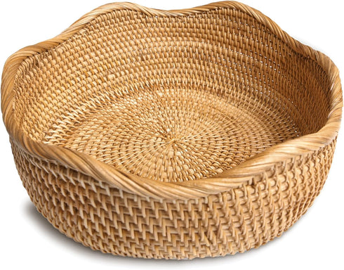 Handmade Rattan Bread Baskets, Round Wicker Fruit Serving Storage Bowls, Natural Decorative Kitchen Organizing