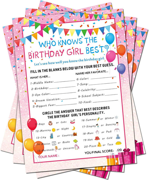 Skylety 50 Pieces Birthday Party Activity Game Card Set, Who Knows Her Best for Themed Party Decorations
