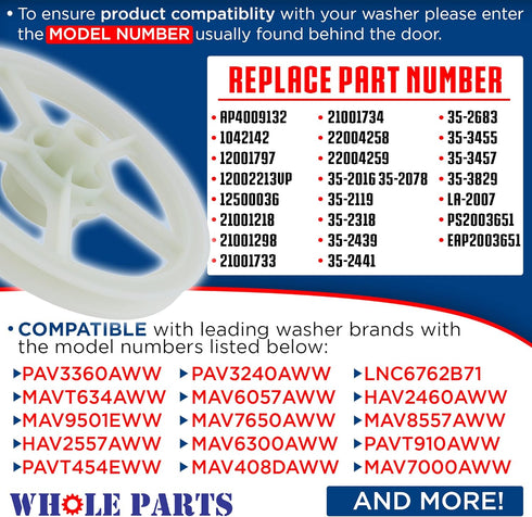 Whole Parts Washer Trust Bearing Replacement Kit, Compatible with Whirlpool Maytag Amana Washers, 2 Yr Warranty