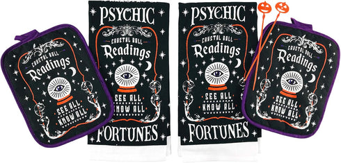 Halloween Kitchen Dish Towels and Pot Holders Set: Psychic Fortunes by Crystal Ball Design (Pack of 2)