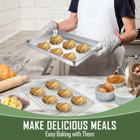 Joyfair 10.4 Inch Baking Pan with Rack Set, Stainless Steel Rectangular Toaster Oven Cookie Pan with Cooling Rack