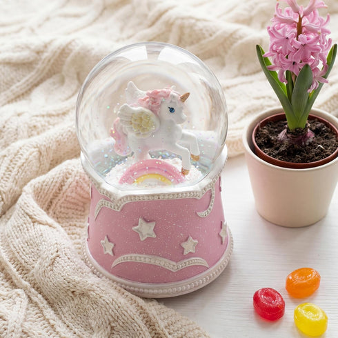 Pink Unicorn Snow Globe with Lighted Rainbow & Lullaby Music LED Musical Snow Globe with Floating Glitter, Elegant