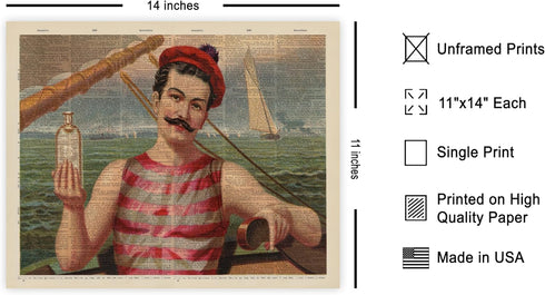 Sailboat 11x14 Poster Master Vintage Sailor Poster - Retro Victorian Print - Alcohol Art - Bar Cart Design - & Ocean