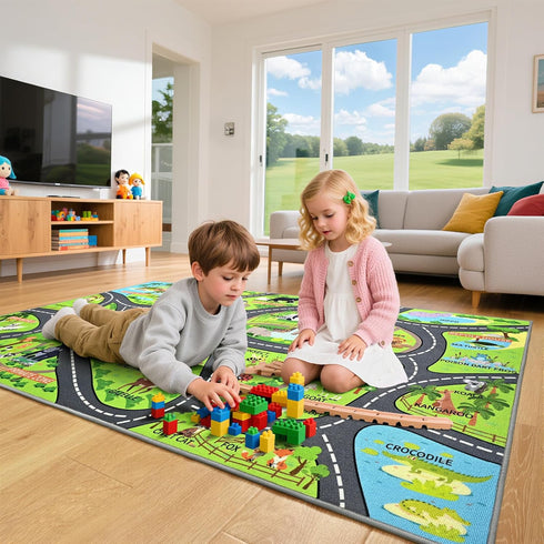 60"x36" Zoo Adventure Kids Car Rug, Cute Animal Play Mat with Non-Slip Backing, Kids Carpet with Lions, Tigers