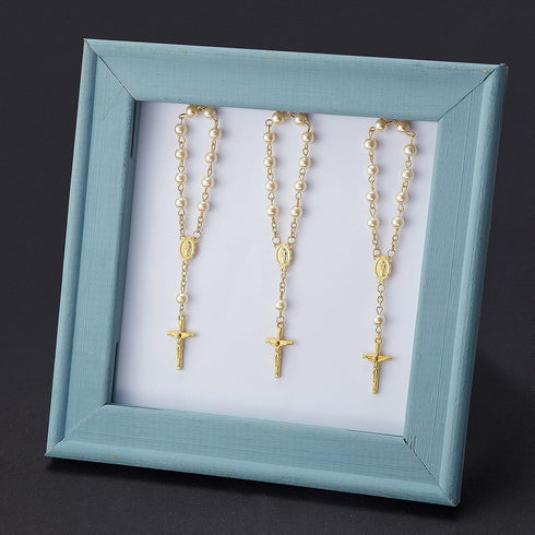 Junkin 30 Pieces Baptism Rosary, Acrylic Rosary Beads in Ivory Color with Gold Plated Faux Pearls and Organza Bags