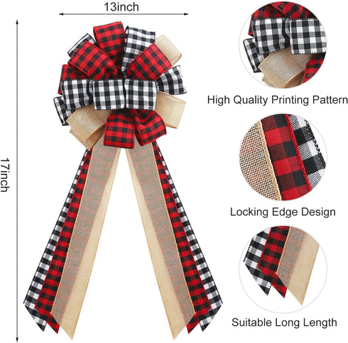 Christmas Tree Topper, Large Buffalo Plaid Burlap Red and Black Gift Bow for Handmade Holiday Party Decorations